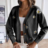 Suéter de cuello en V con bordado de crisantemo pequeño para mujer, cárdigan de punto suelto para otoño e invierno
